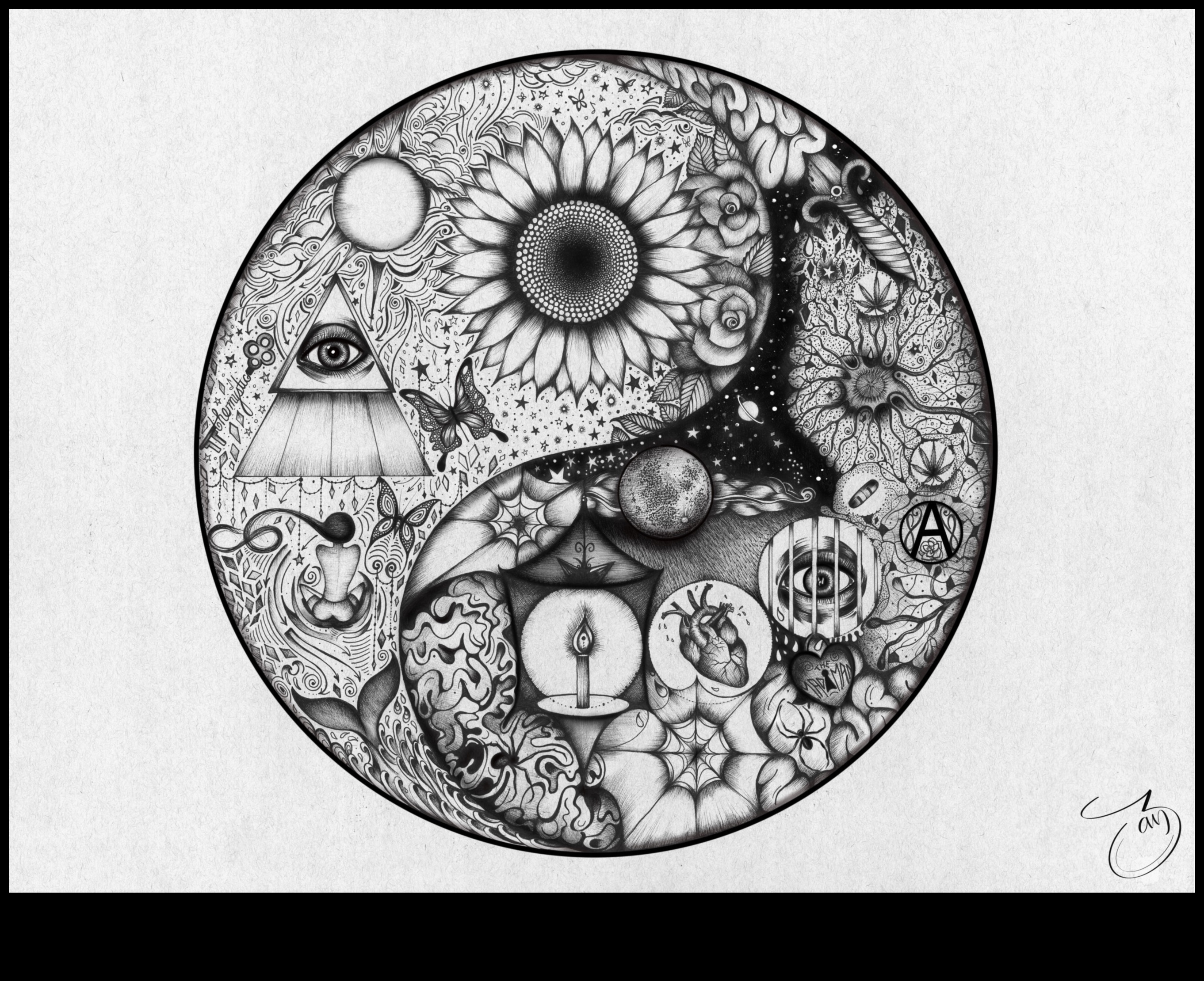 Melnbaltās tintes mākslas Iņ un Jaņ 3 Melnbaltā harmonija: līdzsvara sasniegšana tintes mākslā