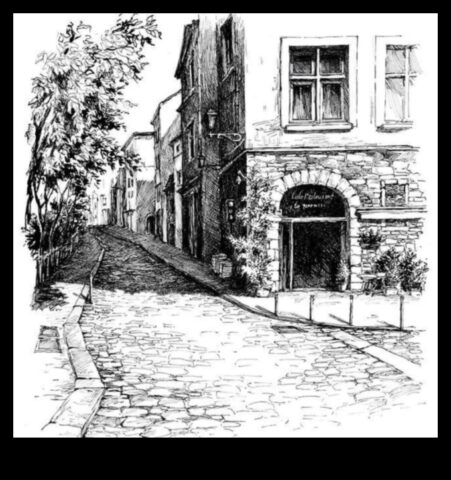 Ielu stūri un bruģakmeņi, kas skicē pilsētas galvenie punkti